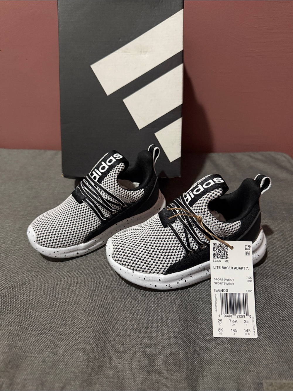 adidas Kids Lite Racer Adapt 7 Slip-On Sneakers in Black and White